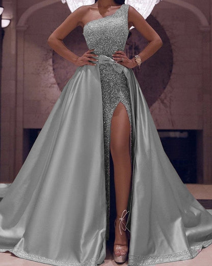 One Shoulder Sequin Mermaid Prom Dresses High Slit