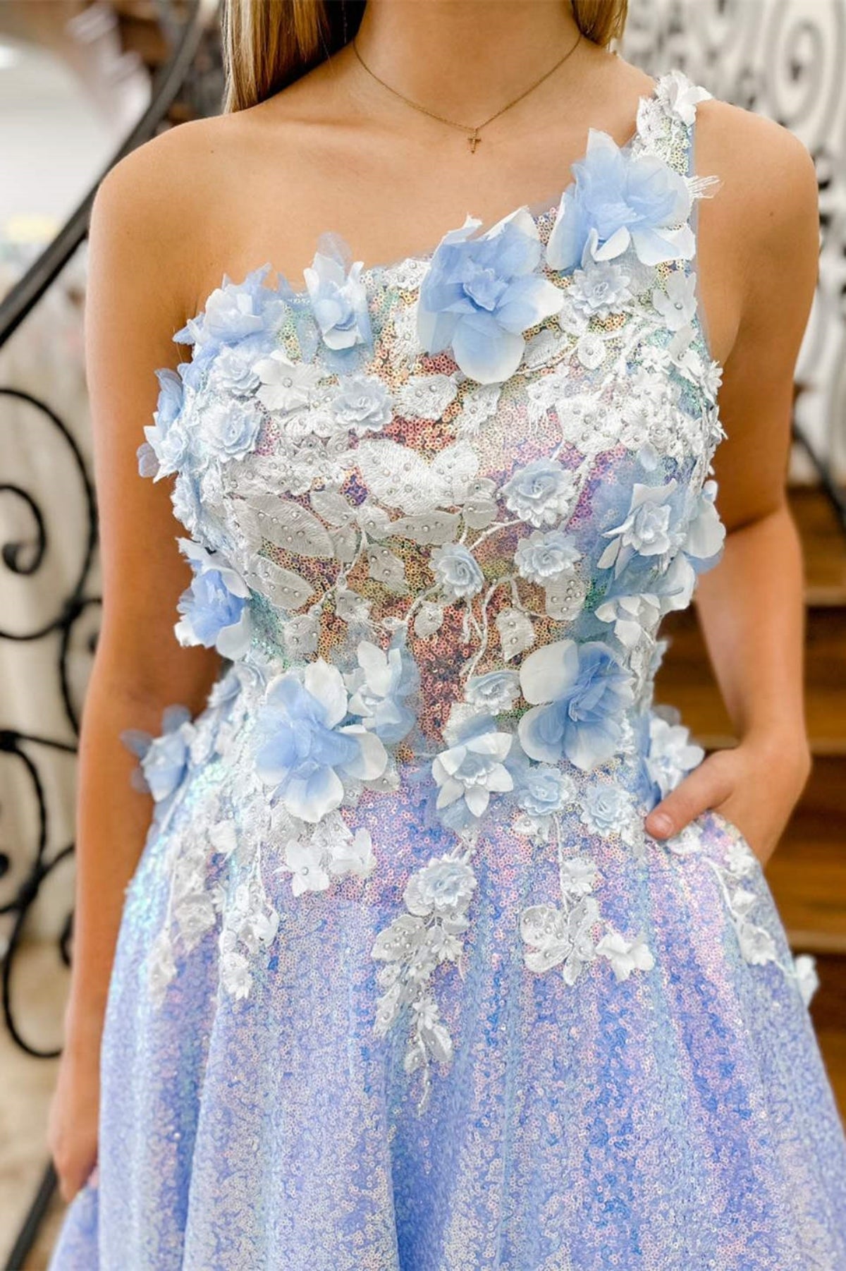 One Shoulder Lilac Lace Floral Long Prom Dress, One Shoulder Lilac Formal Dress, Lilac Evening Dress with 3D Flowers A2010