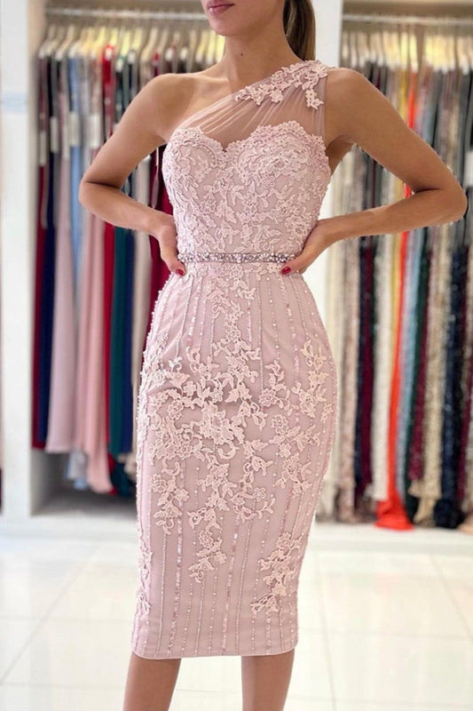 One Shoulder Mermaid Pink Lace Prom Dress, Mermaid Pink Homecoming Dress, Short Pink Lace Formal Evening Dress A1660