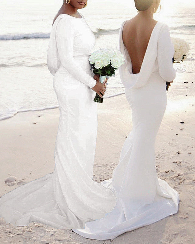 Sexy Mermaid Wedding Dresses Long Sleeves Drapped Back