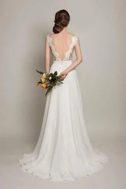 NumberSea Simple Chiffon Lace Scoop Open Back Sweep Train Wedding Dresses