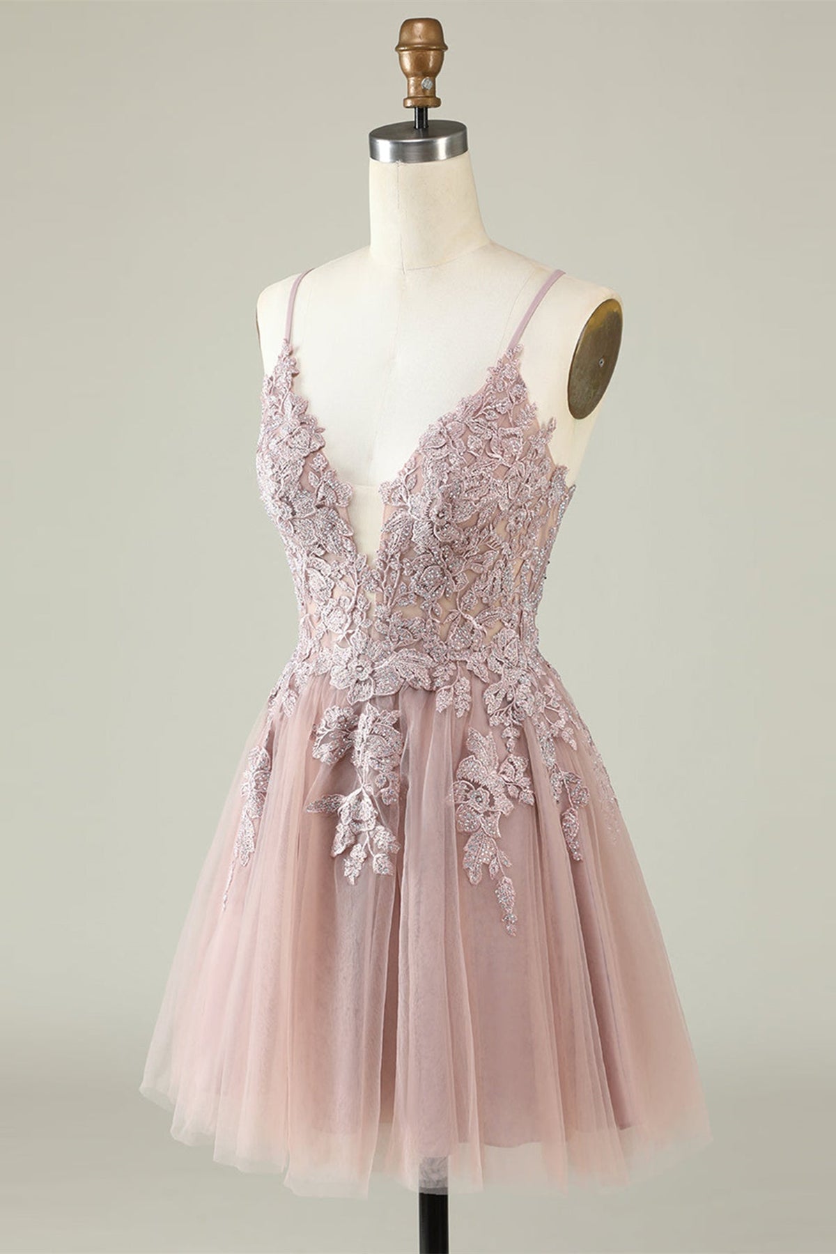 Open Back V Neck Pink Lace Appliques Prom Dress, Pink Lace Homecoming Dress, Short Pink Formal Graduation Evening Dress A1895
