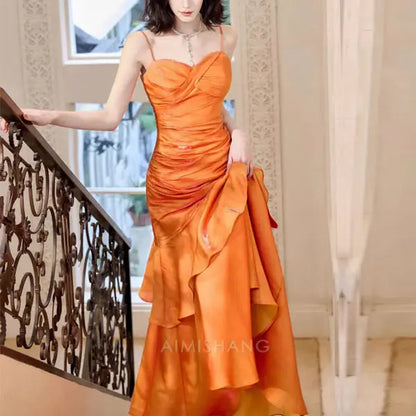 Aimishang Elegant Blue Ruffled Tiered Maxi Dress Long Prom Dress Charming Evening Party Dress Orange Women's Dresses