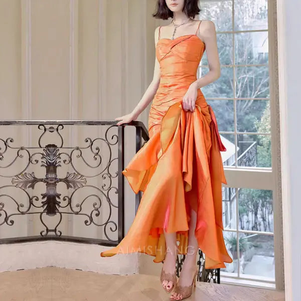 Aimishang Elegant Blue Ruffled Tiered Maxi Dress Long Prom Dress Charming Evening Party Dress Orange Women's Dresses