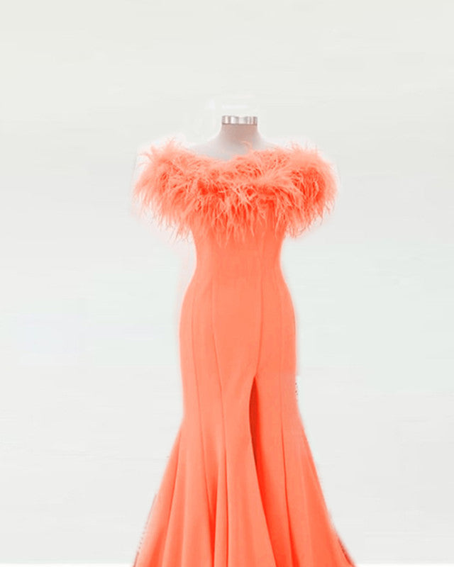 Orange Feather Mermaid Split Prom Dresses