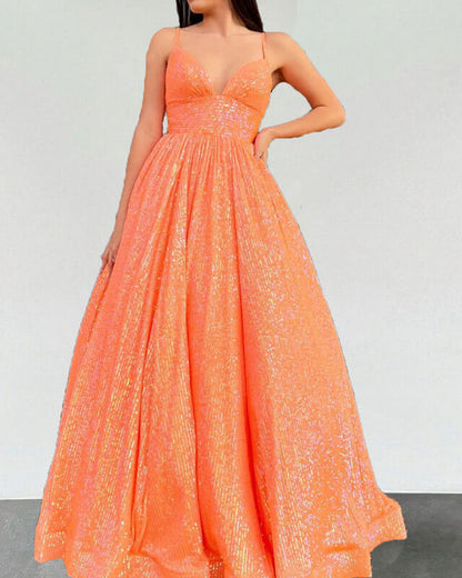 Orange Ball Gown Sequin Prom Dresses