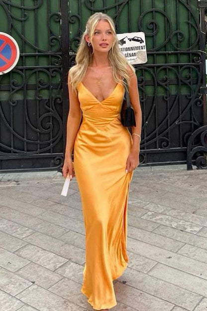 Orange Spaghetti Straps Sheath Satin Long Prom Dress
