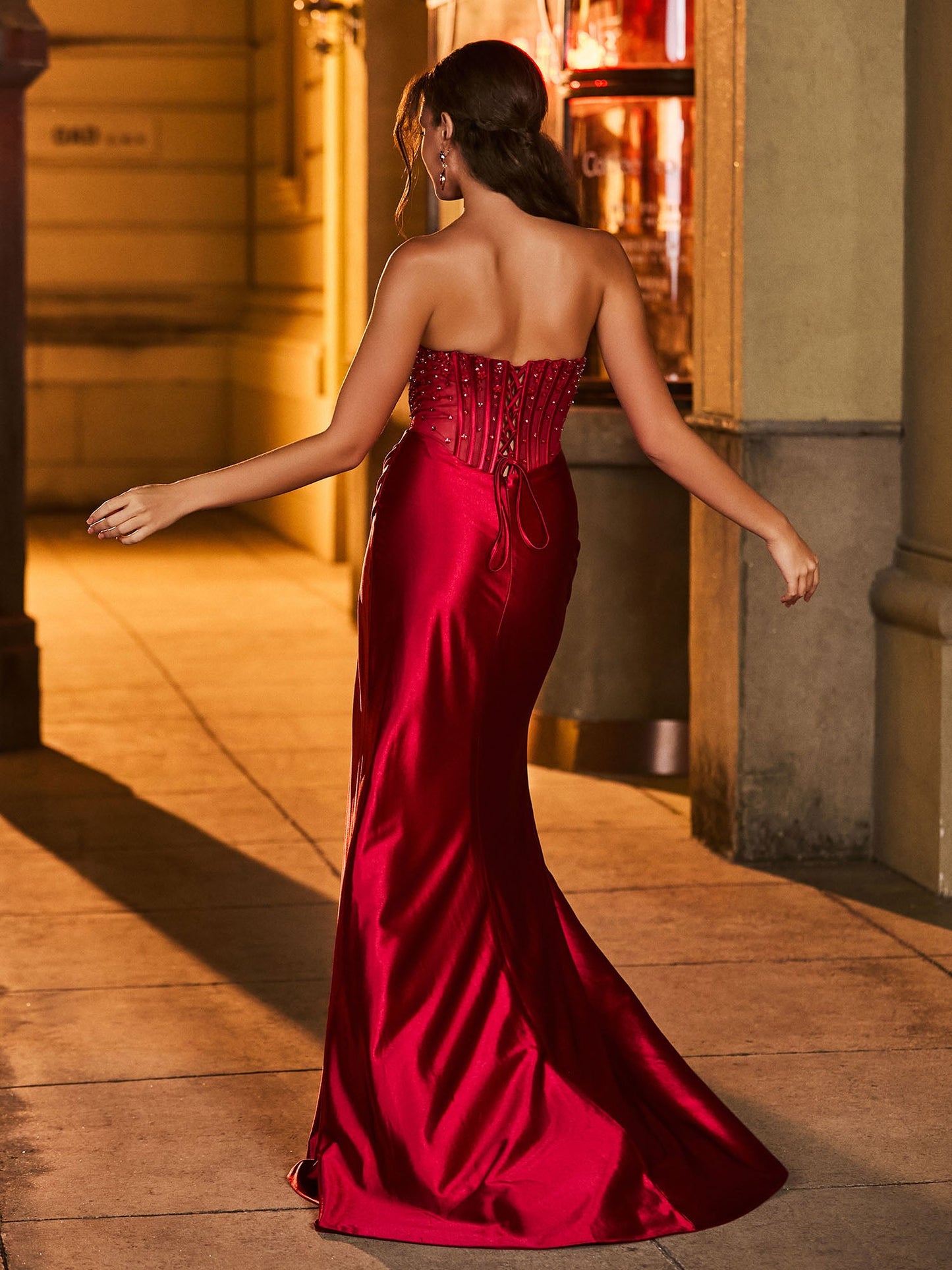 Strapless Sweetheart Beaded High Slit Backless Maxi Dress Burgundy
