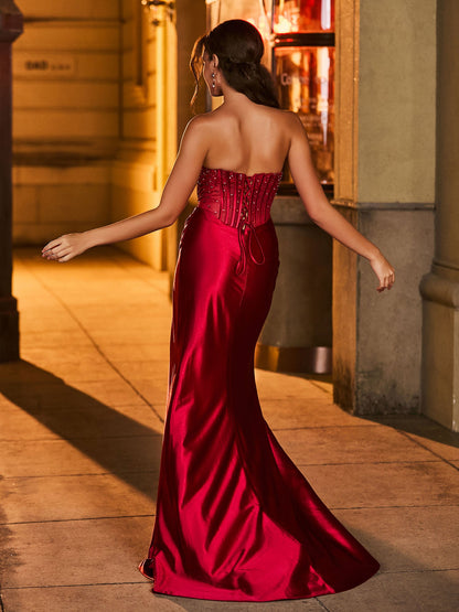 Strapless Sweetheart Beaded High Slit Backless Maxi Dress Burgundy
