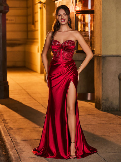 Strapless Sweetheart Beaded High Slit Backless Maxi Dress Burgundy
