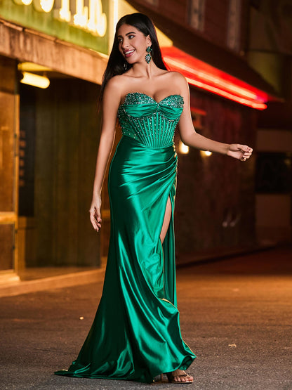 Strapless Sweetheart Beaded High Slit Backless Maxi Dress Dark Green