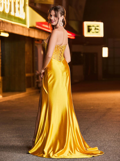 Strapless Sweetheart Beaded High Slit Backless Maxi Dress Marigold