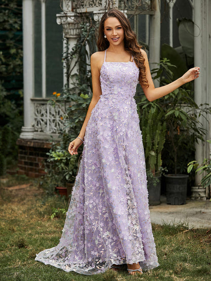 Square Neckline Sweep Train Floral Dress With Slit Lilac