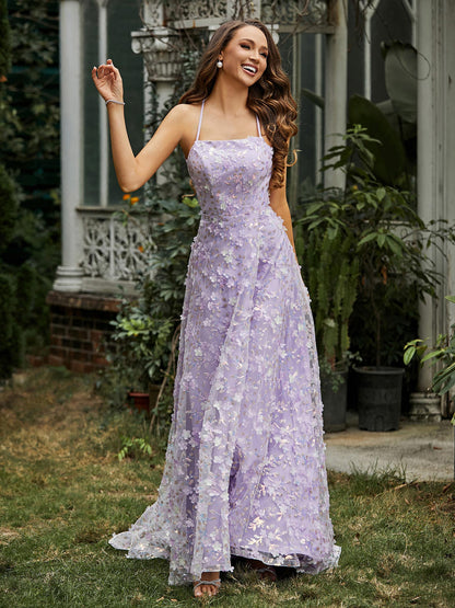 Square Neckline Sweep Train Floral Dress With Slit Lilac
