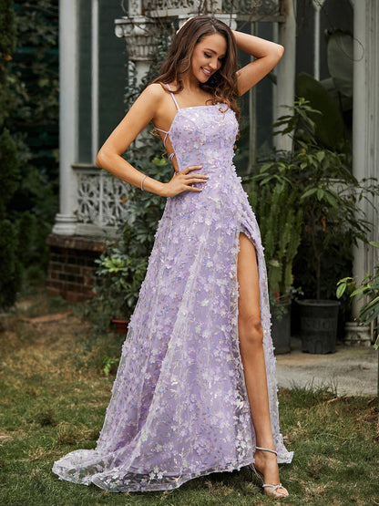 Square Neckline Sweep Train Floral Dress With Slit Lilac