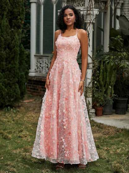 Spaghetti Straps Lace-up Flowers Appliqued Prom Dress Coral