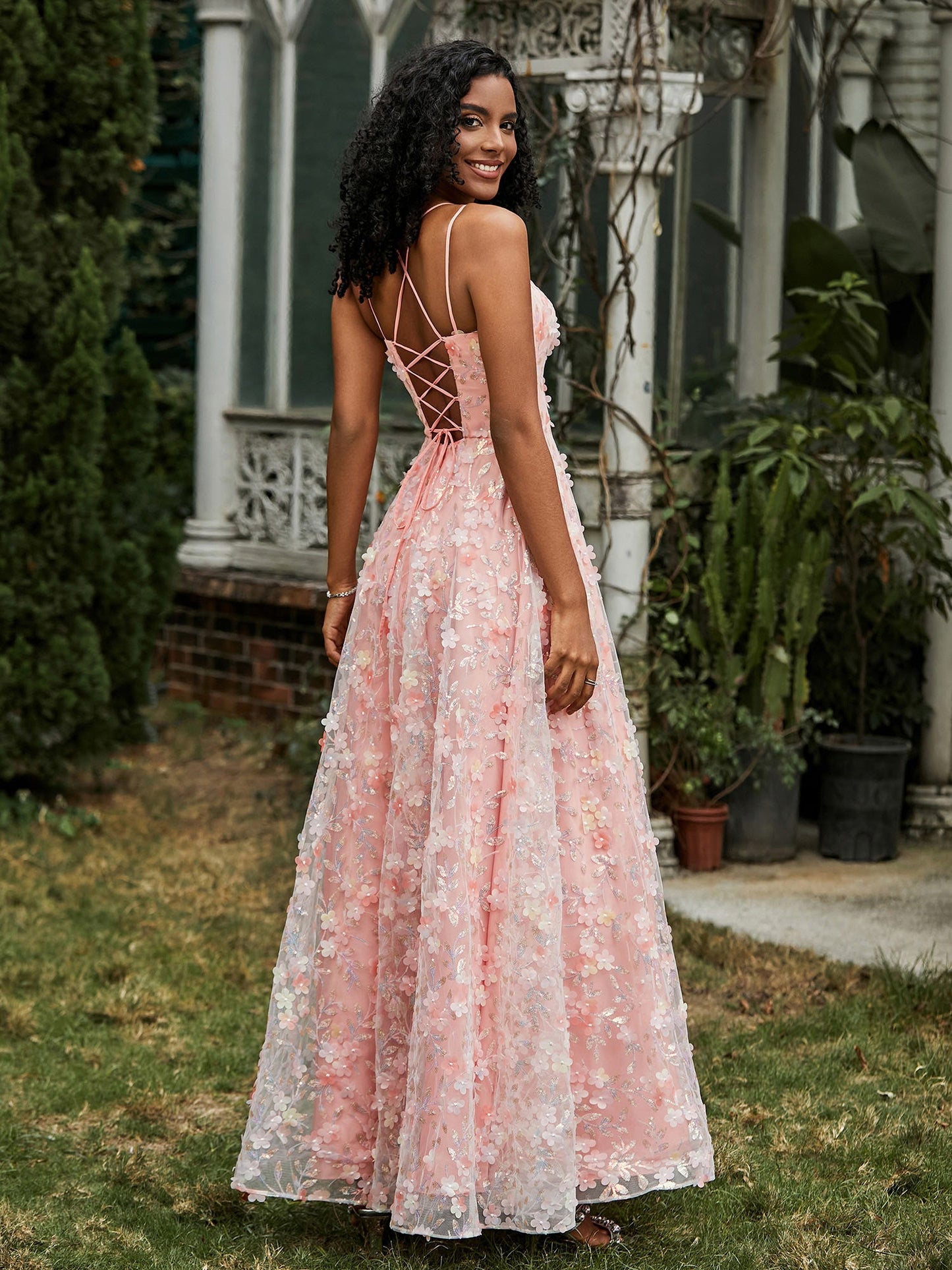 Spaghetti Straps Lace-up Flowers Appliqued Prom Dress Coral