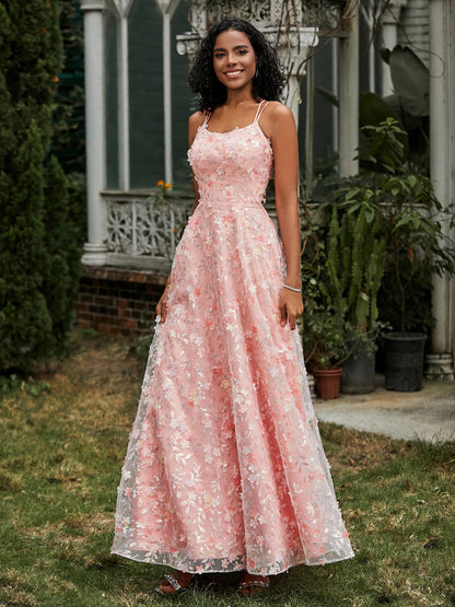 Spaghetti Straps Lace-up Flowers Appliqued Prom Dress Coral