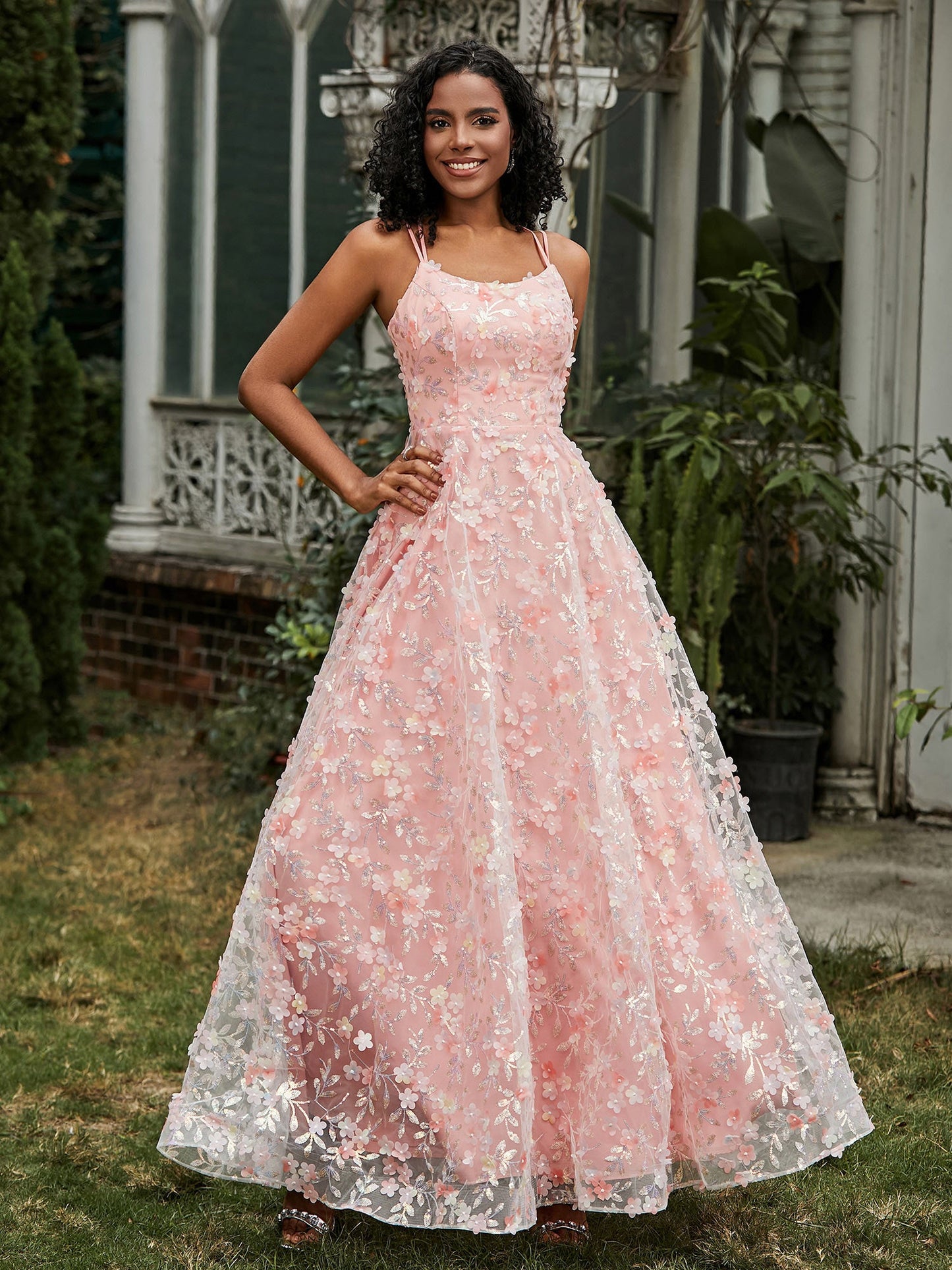 Spaghetti Straps Lace-up Flowers Appliqued Prom Dress Coral