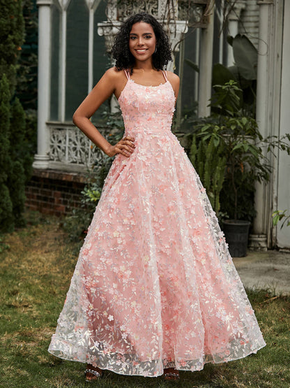 Spaghetti Straps Lace-up Flowers Appliqued Prom Dress Coral