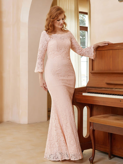 Scoop Neck Long Sleeves Lace Dress Pearl Pink