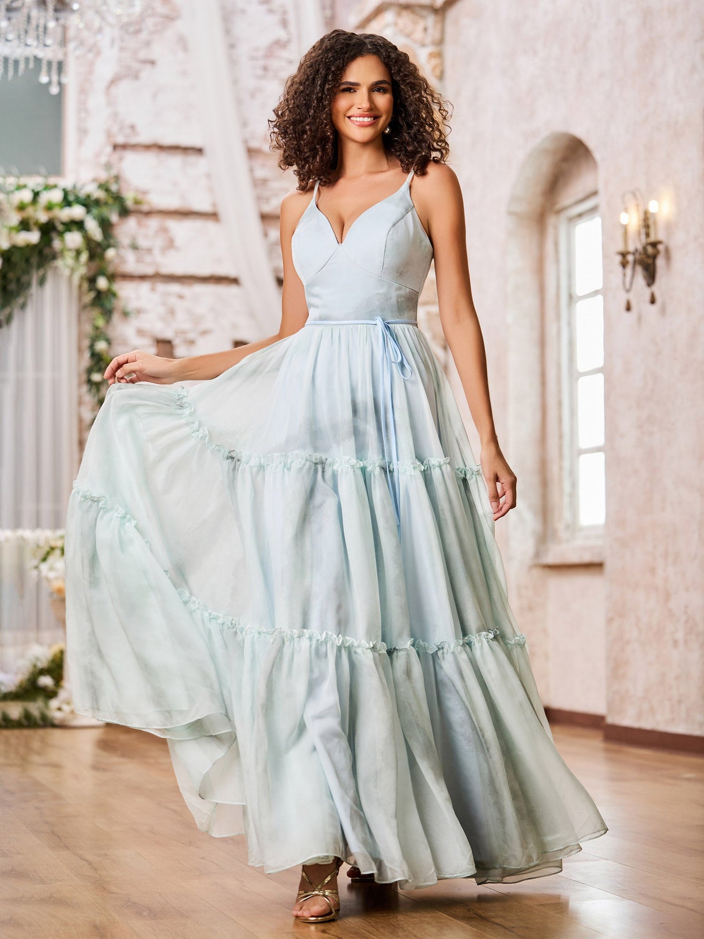 Spaghetti Straps Print Chiffon Tiered Skirt Maxi Dresses Floral