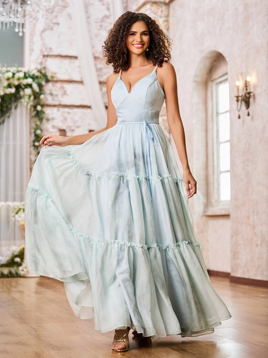 Spaghetti Straps Print Chiffon Tiered Skirt Maxi Dresses Floral