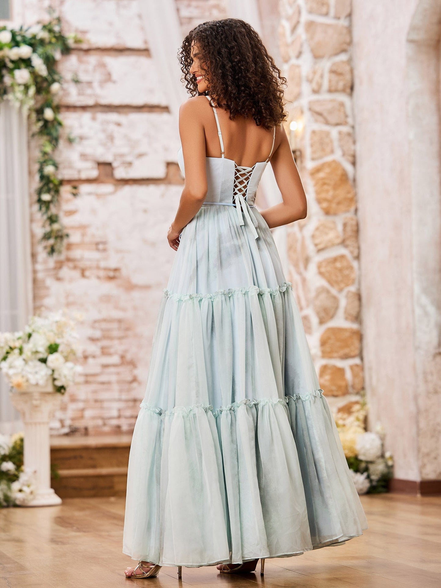 Spaghetti Straps Print Chiffon Tiered Skirt Maxi Dresses Floral