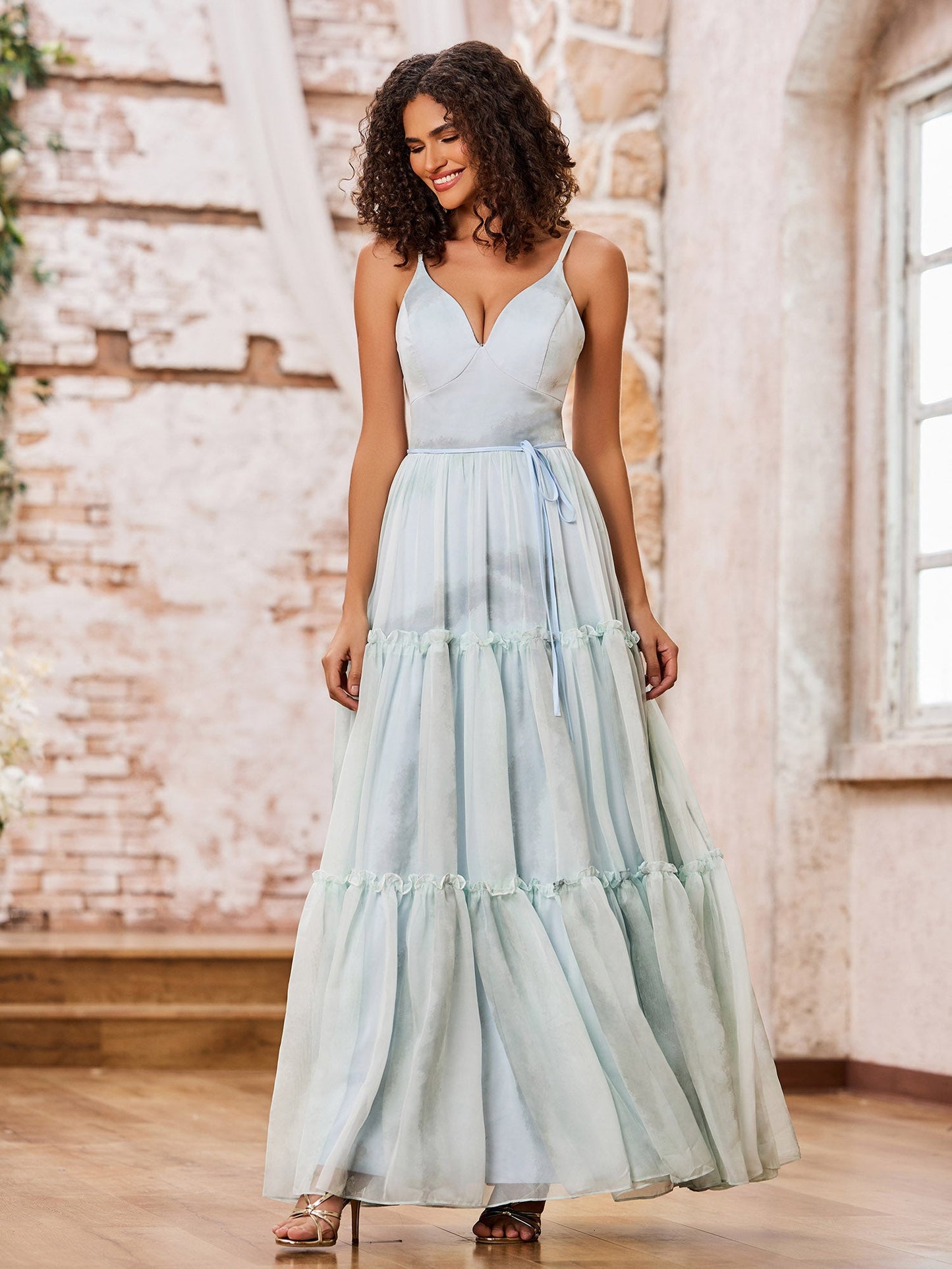 Spaghetti Straps Print Chiffon Tiered Skirt Maxi Dresses Floral