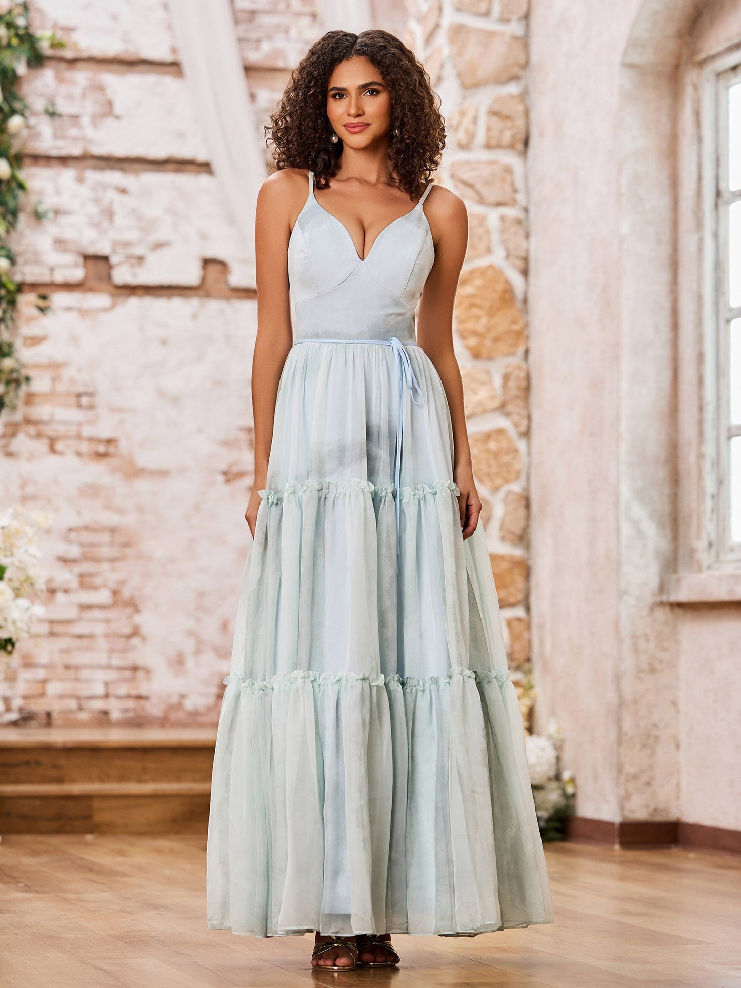 Spaghetti Straps Print Chiffon Tiered Skirt Maxi Dresses Floral