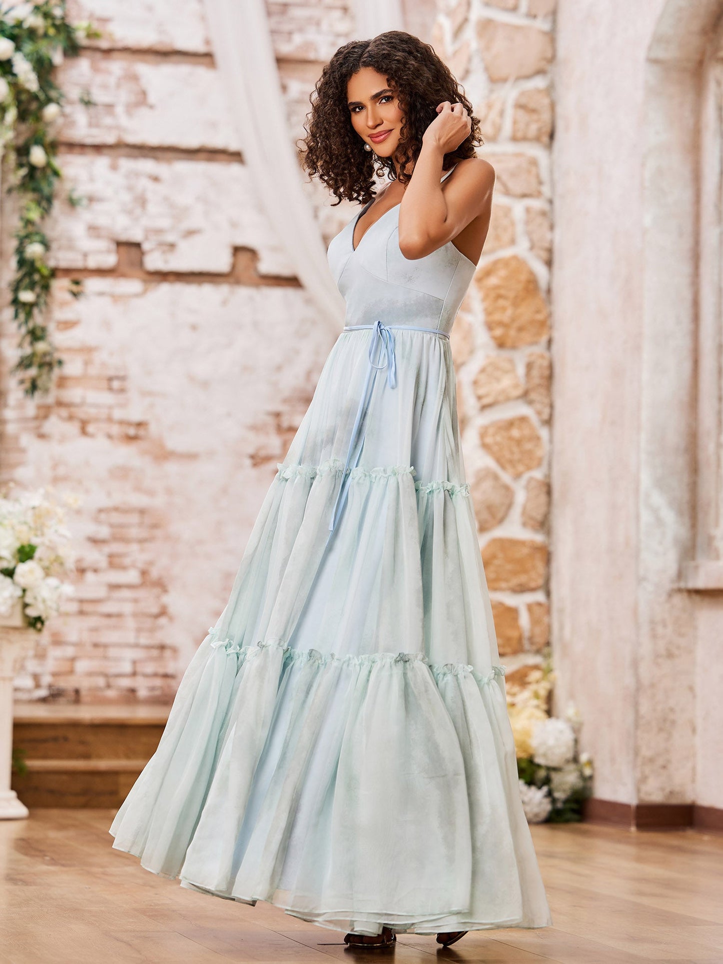 Spaghetti Straps Print Chiffon Tiered Skirt Maxi Dresses Floral