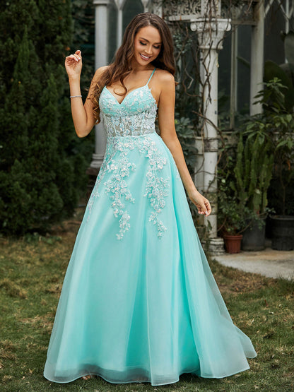 Sweetheart Appliqued Bodice Sweep Train Gown Mint Green