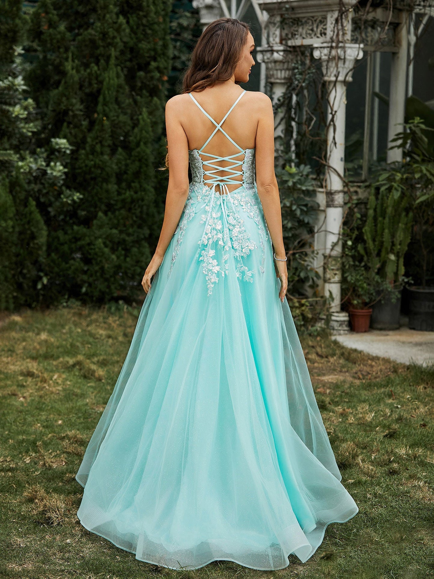 Sweetheart Appliqued Bodice Sweep Train Gown Mint Green