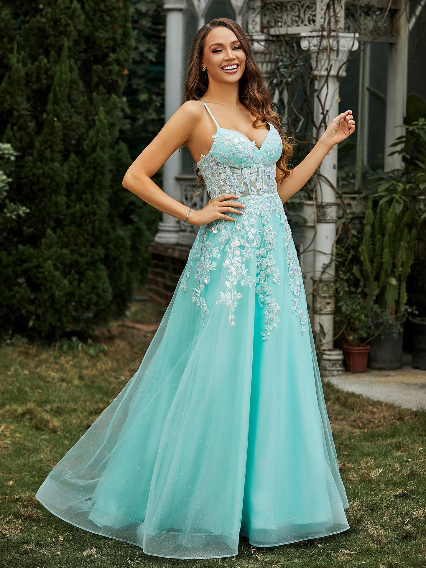 Sweetheart Appliqued Bodice Sweep Train Gown Mint Green