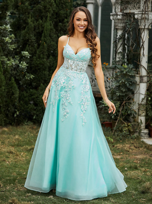 Sweetheart Appliqued Bodice Sweep Train Gown Mint Green