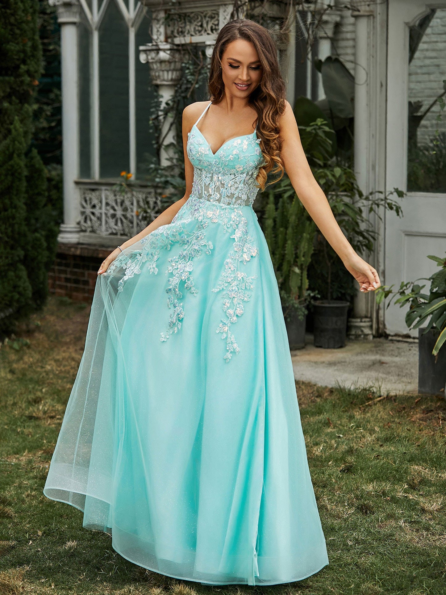 Sweetheart Appliqued Bodice Sweep Train Gown Mint Green