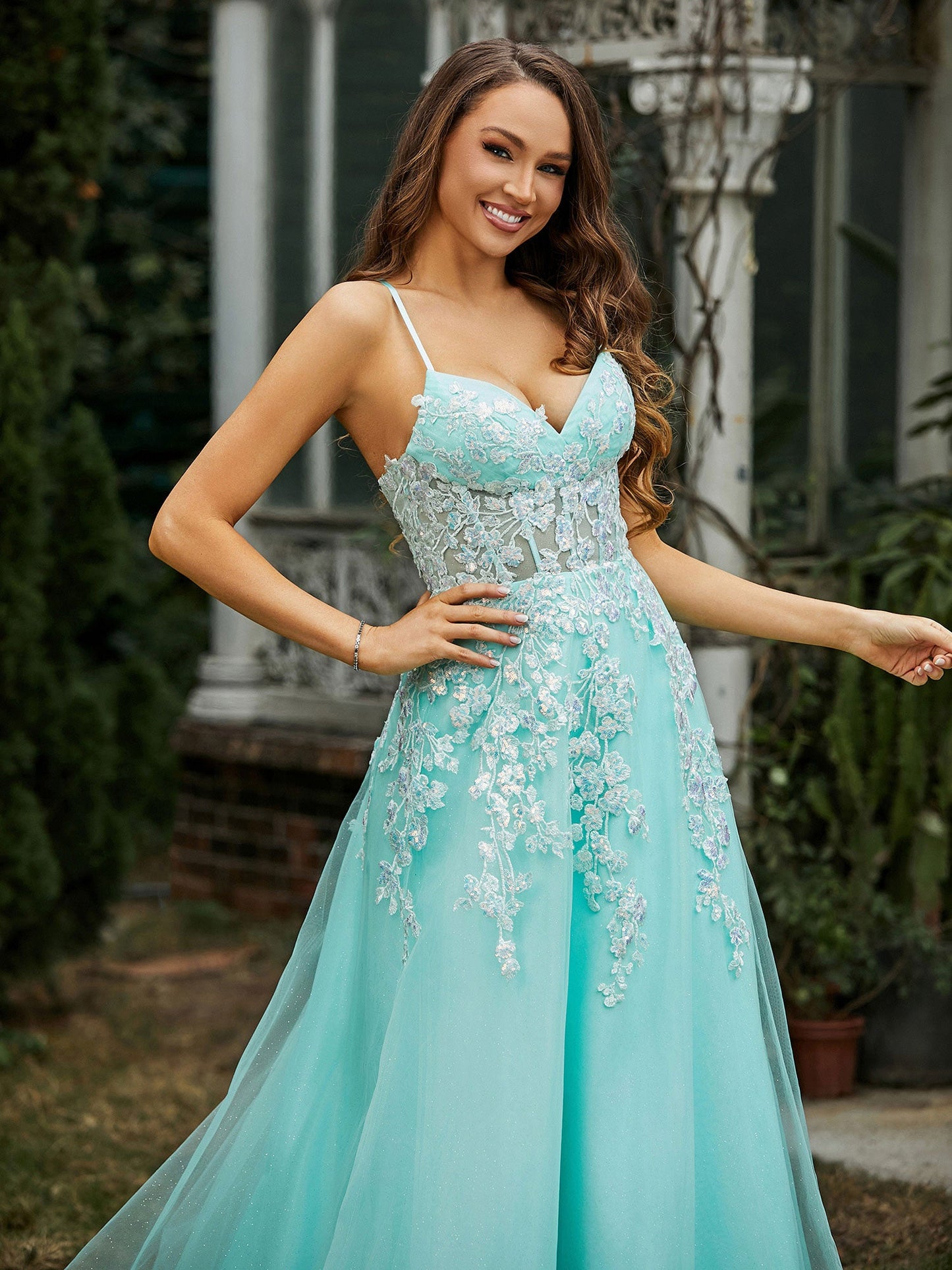 Sweetheart Appliqued Bodice Sweep Train Gown Mint Green