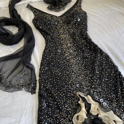 Black Sparkly Elegant Ruffled Tulle Long Sequin Ball Gown Prom Dress Evening Gown Party Dress gh3141