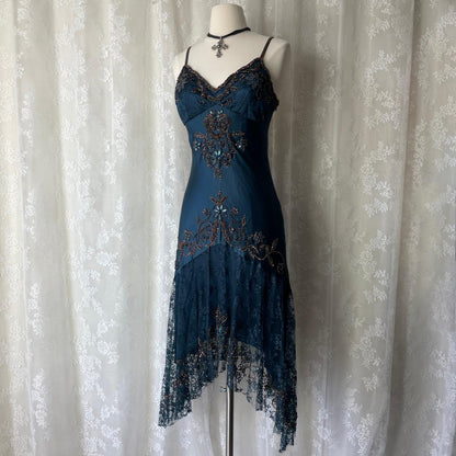 Dark Blue Ethereal Fairy Gothic Mermaid Prom Dress Pretty Floral Beaded Sequin Midi/Short Homecoming Dress Date Dress Party Dress gh4617