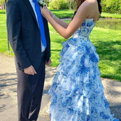 Vintage Blue Floral Prom Dress A-Line Tiered Evening Dress Long Formal Dress HZ1024
