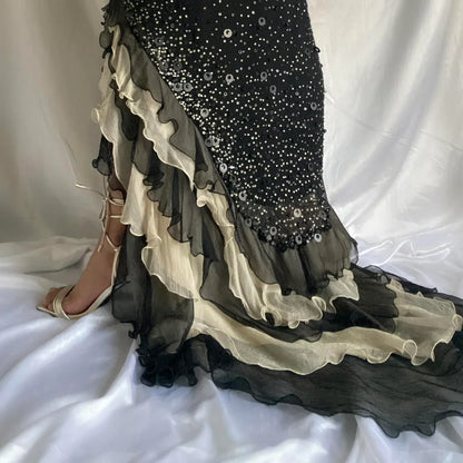 Sparkly Sequins Beaded Ruffles Mermaid Prom Dress Black Party Evening Dress cc2096
