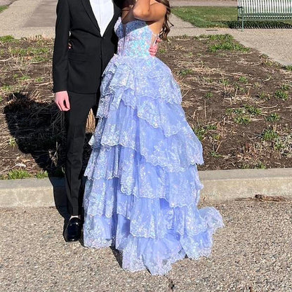 Vintage Shiny Sequin A-Line Prom Dress Spaghetti Strap Tiered Evening Dress Long Formal Dress HZ1024