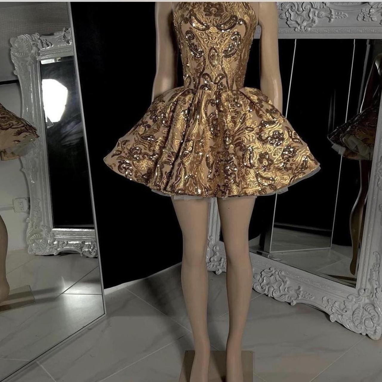 Vintage Gold High Collar Open Back Cross Pattern Sequin Waist A-line Birthday Party Homecoming Dress cc4685