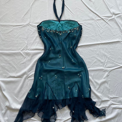 Girlhomeshops-Blue floral beaded short halter chiffon homecoming dress birthday party dress gh5263