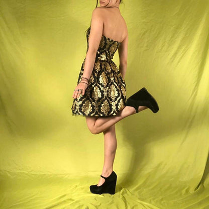 🖤 Y2K Gold and Black Fashion Jacquard Brocade Printed Mini Short Homecoming Dress Cocktail Dress Party Dress gh4610