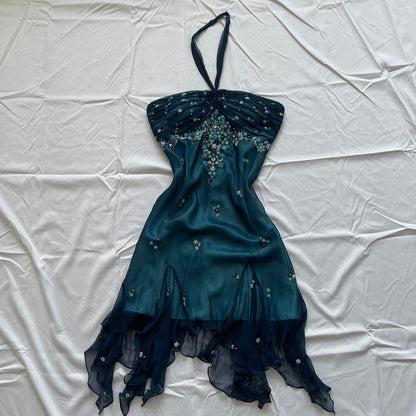 Girlhomeshops-Blue floral beaded short halter chiffon homecoming dress birthday party dress gh5263