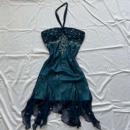 Girlhomeshops-Blue floral beaded short halter chiffon homecoming dress birthday party dress gh5263