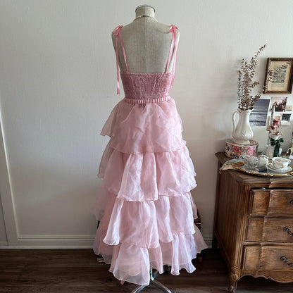 Pink Cascading Ruffle Dress Sweet Elegant Cute Short/Long Spaghetti Strap Satin Tulle Homecoming Dress Prom Dress Evening Dress Party Dress gh4178