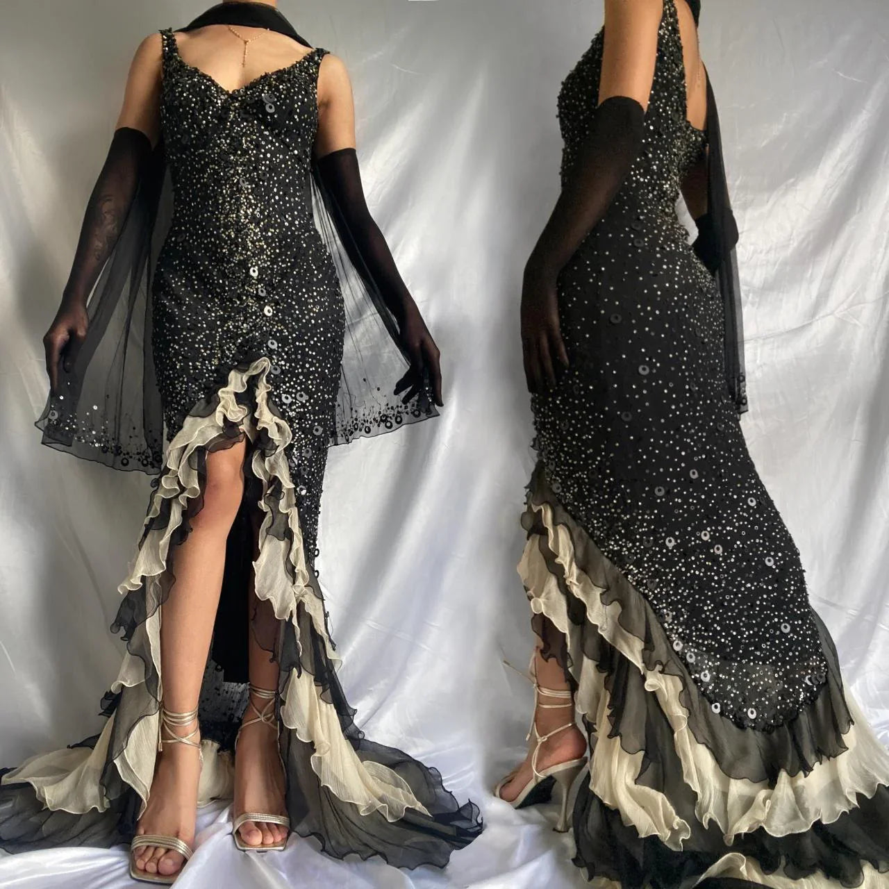 Sparkly Sequins Beaded Ruffles Mermaid Prom Dress Black Party Evening Dress cc2096