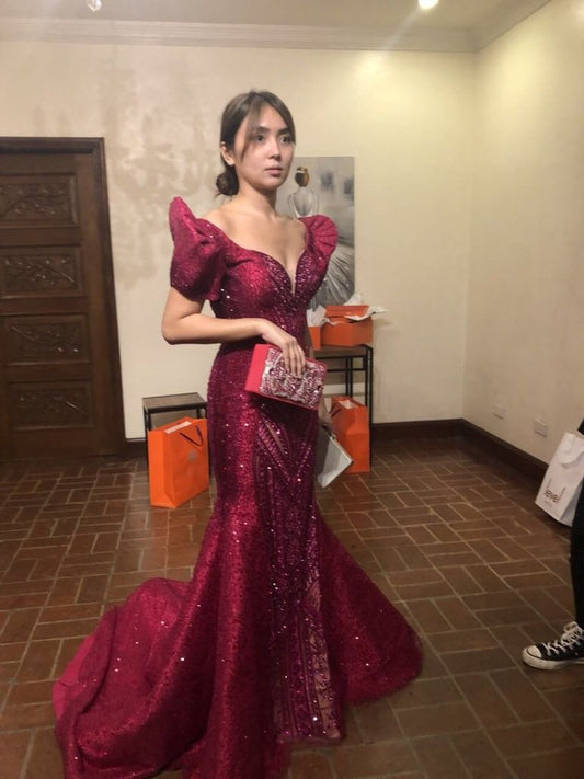 Vintage Burgundy Mermaid Deep V Puff Sleeve Sequin Train Prom Dress  Evening Dress cc4813
